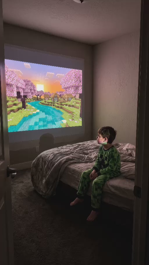 Minecraft cherry grove projected on a bedroom wall