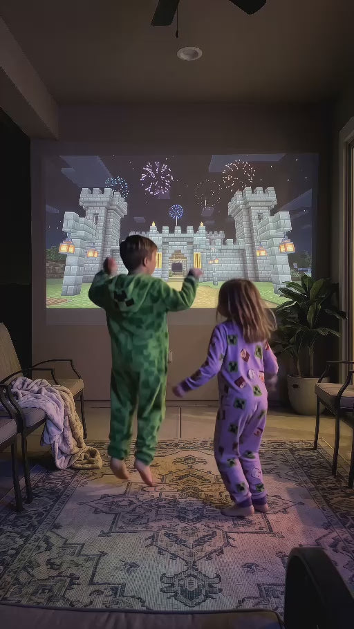 Minecraft castle projected during a family evening at home