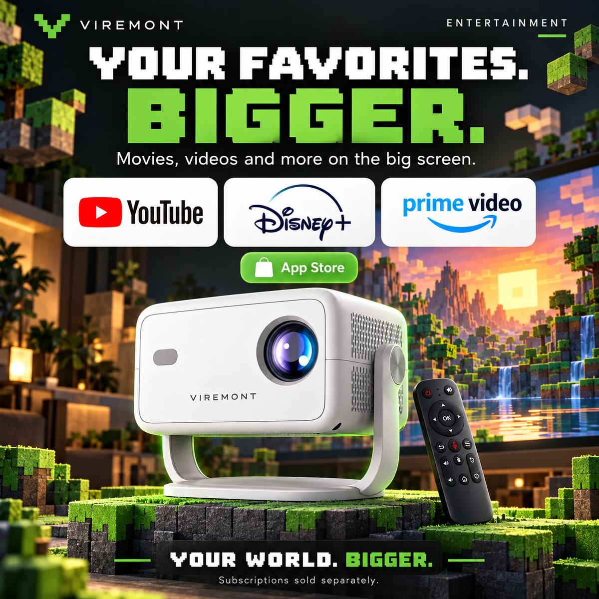 Viremont Cinema Minecraft-inspired entertainment infographic with YouTube, Disney+ and Prime Video
