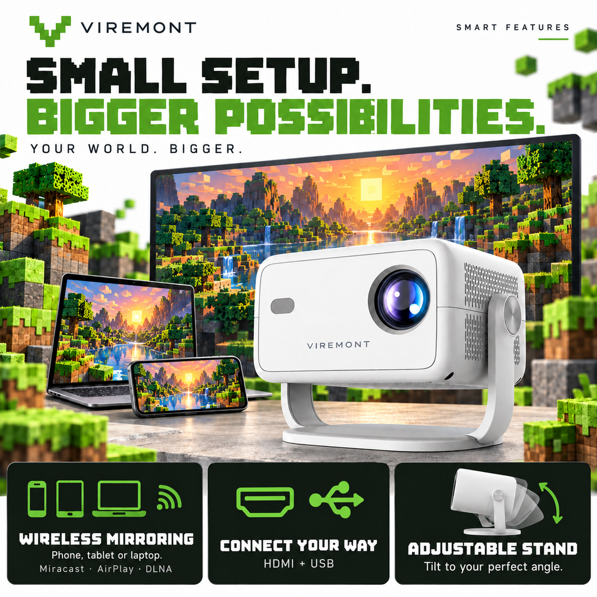 Viremont Cinema Minecraft-inspired features infographic: wireless mirroring, HDMI and USB, adjustable stand