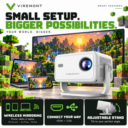 Viremont Cinema Minecraft-inspired features infographic: wireless mirroring, HDMI and USB, adjustable stand
