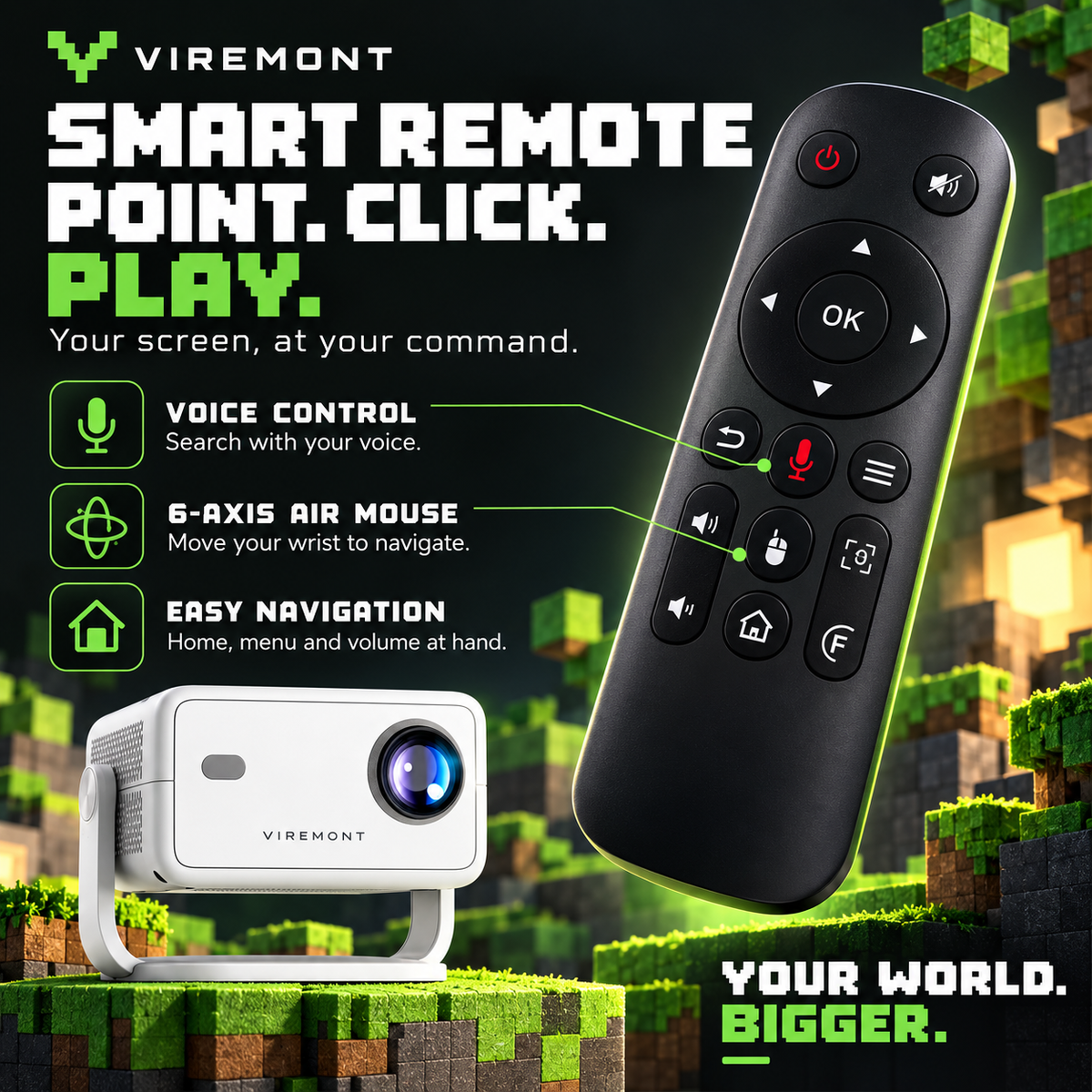 Viremont Cinema Minecraft-inspired remote control infographic with voice control, air mouse and navigation
