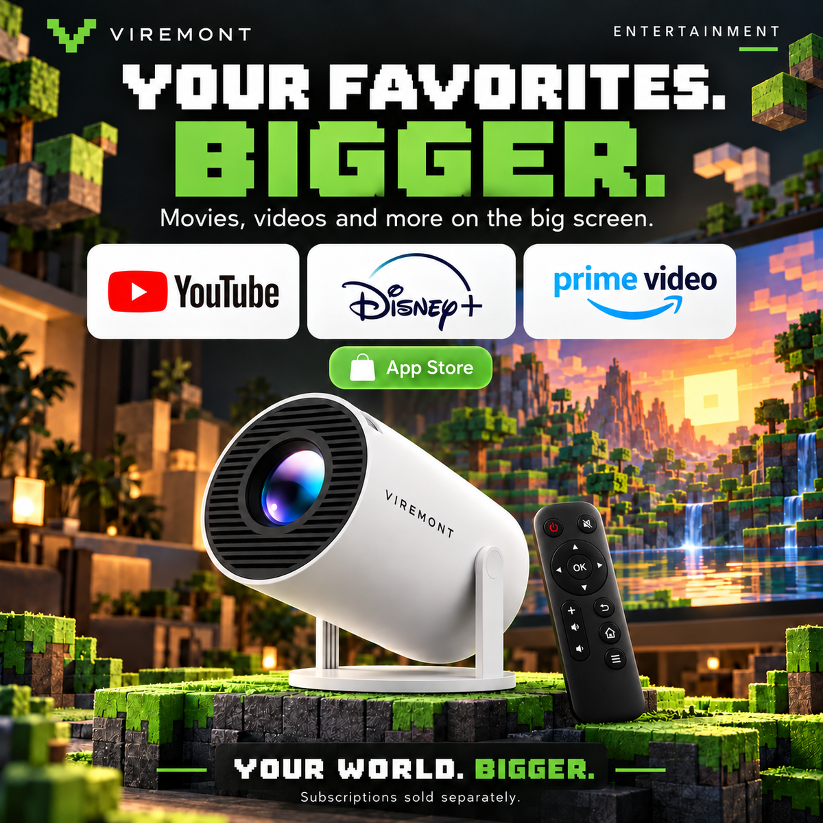 Viremont Mini Minecraft-inspired entertainment infographic with YouTube, Disney+, Prime Video and microphone-free remote