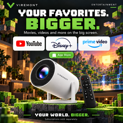 Viremont Mini Minecraft-inspired entertainment infographic with YouTube, Disney+, Prime Video and microphone-free remote