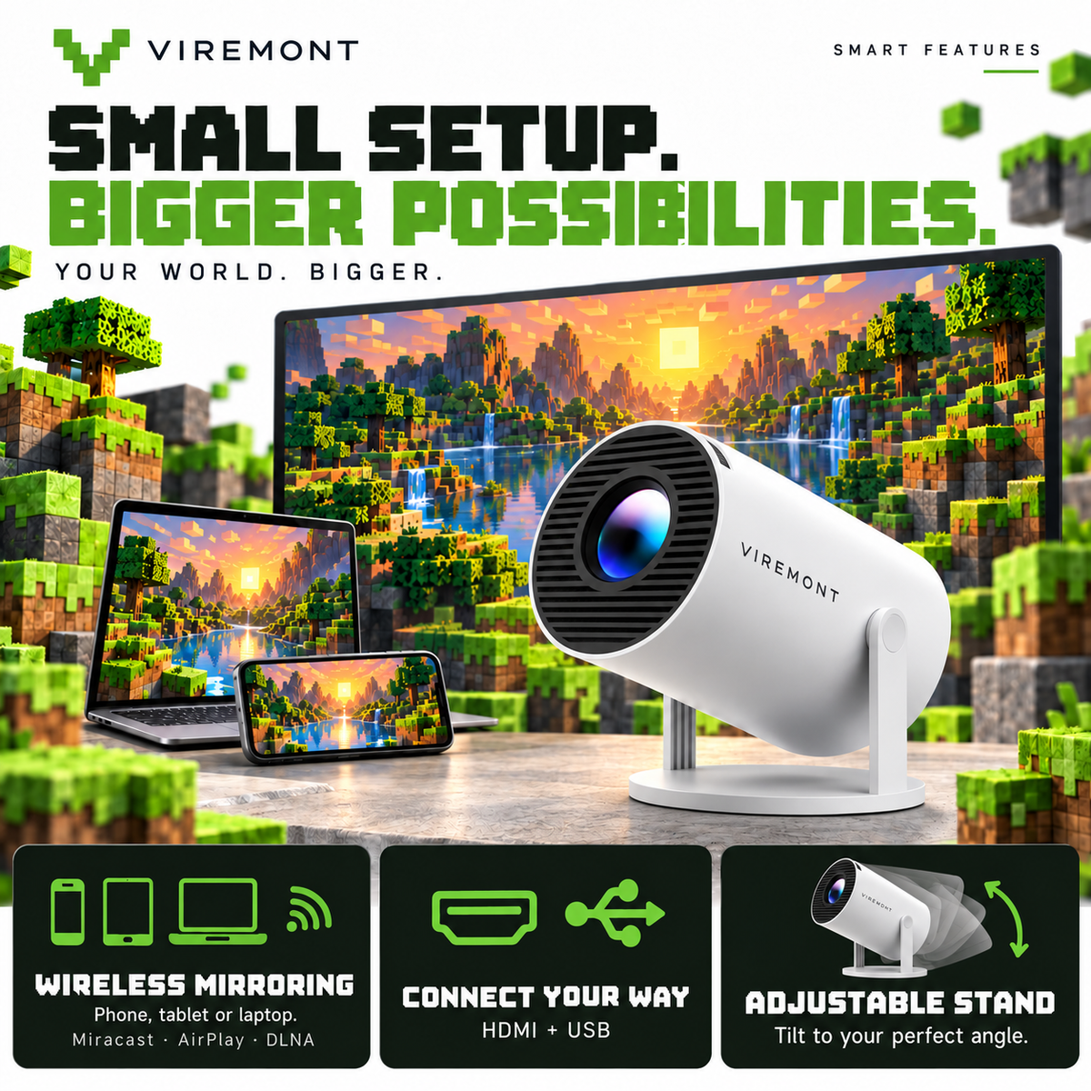 Viremont Mini Minecraft-inspired features infographic: wireless mirroring, HDMI and USB, adjustable stand