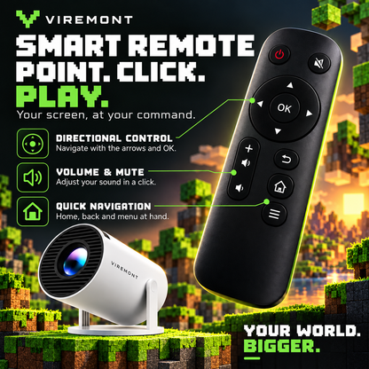 Viremont Mini Minecraft-inspired remote control infographic: directional controls, volume, mute and navigation, without microphone