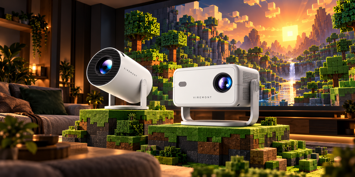 Viremont Mini and Cinema projectors on grass voxel platforms in a cinematic living room