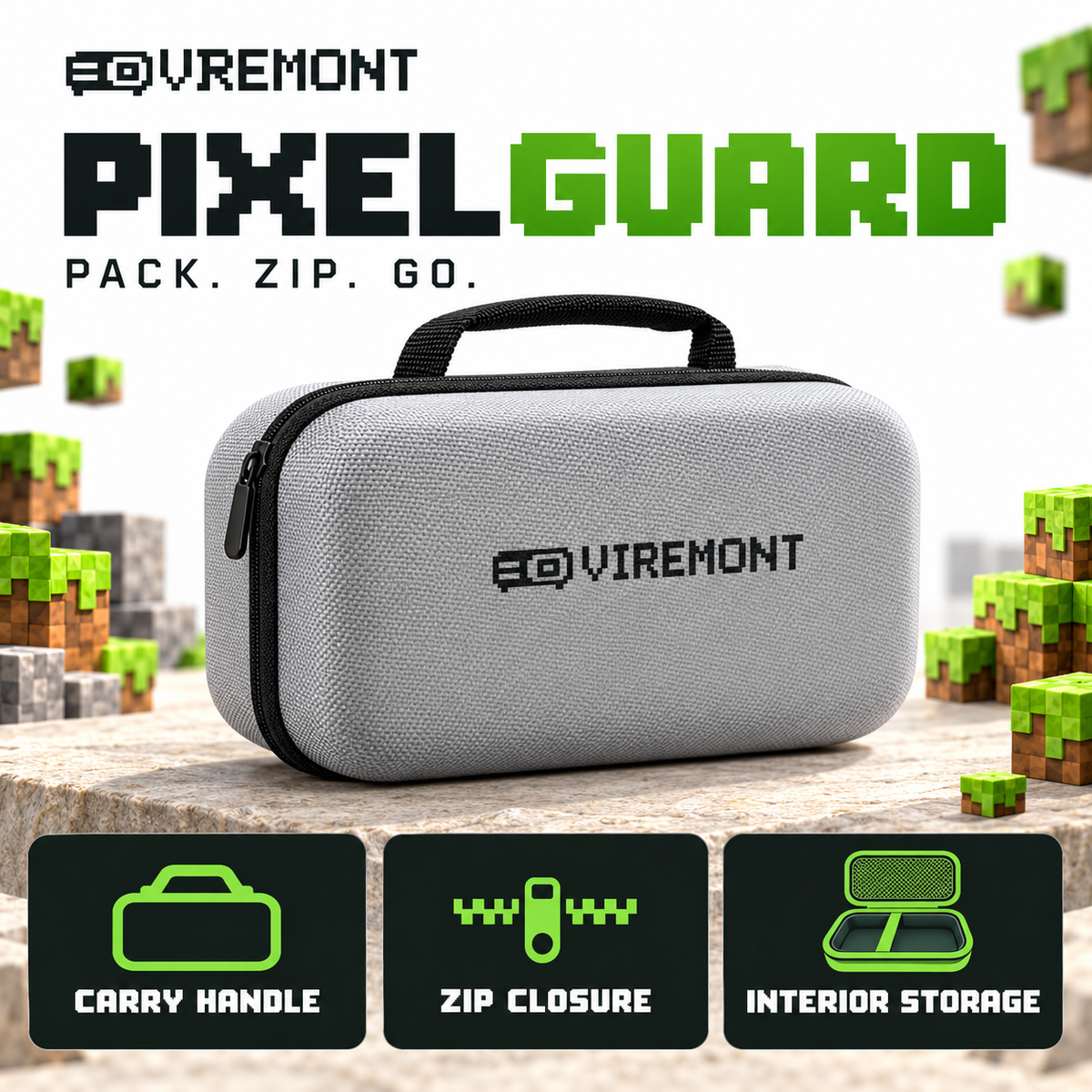 Viremont PixelGuard pixel brand infographic showing carry handle, zip closure and interior storage