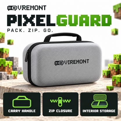 Viremont PixelGuard pixel brand infographic showing carry handle, zip closure and interior storage