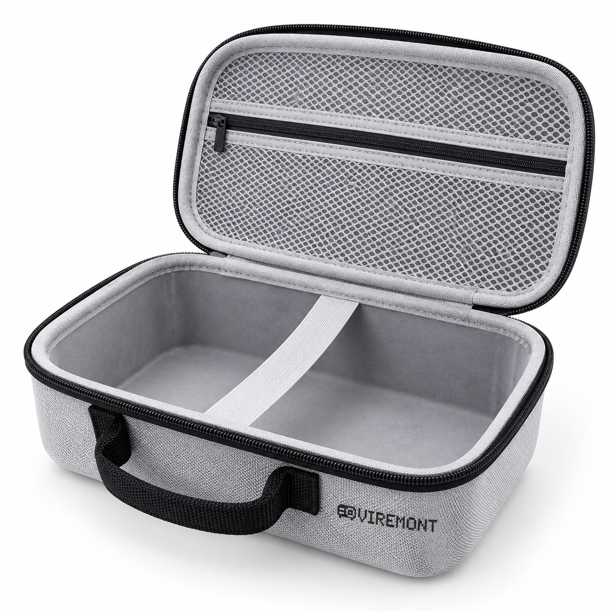 Viremont PixelGuard carry case open, empty grey lined interior with zip mesh pocket and retaining band