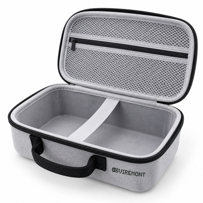 Viremont PixelGuard carry case open, empty grey lined interior with zip mesh pocket and retaining band