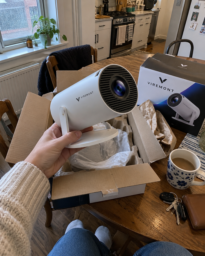 Illustrative Viremont setup: POV lifting cylindrical projector from delivery carton