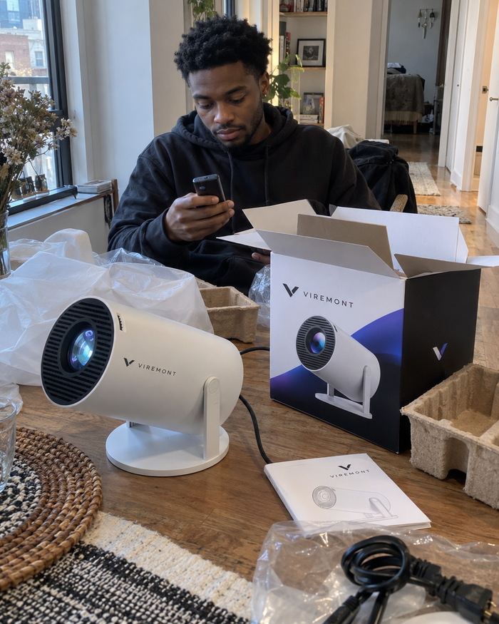 Illustrative Viremont setup: Man checking remote while unpacking cylindrical projector