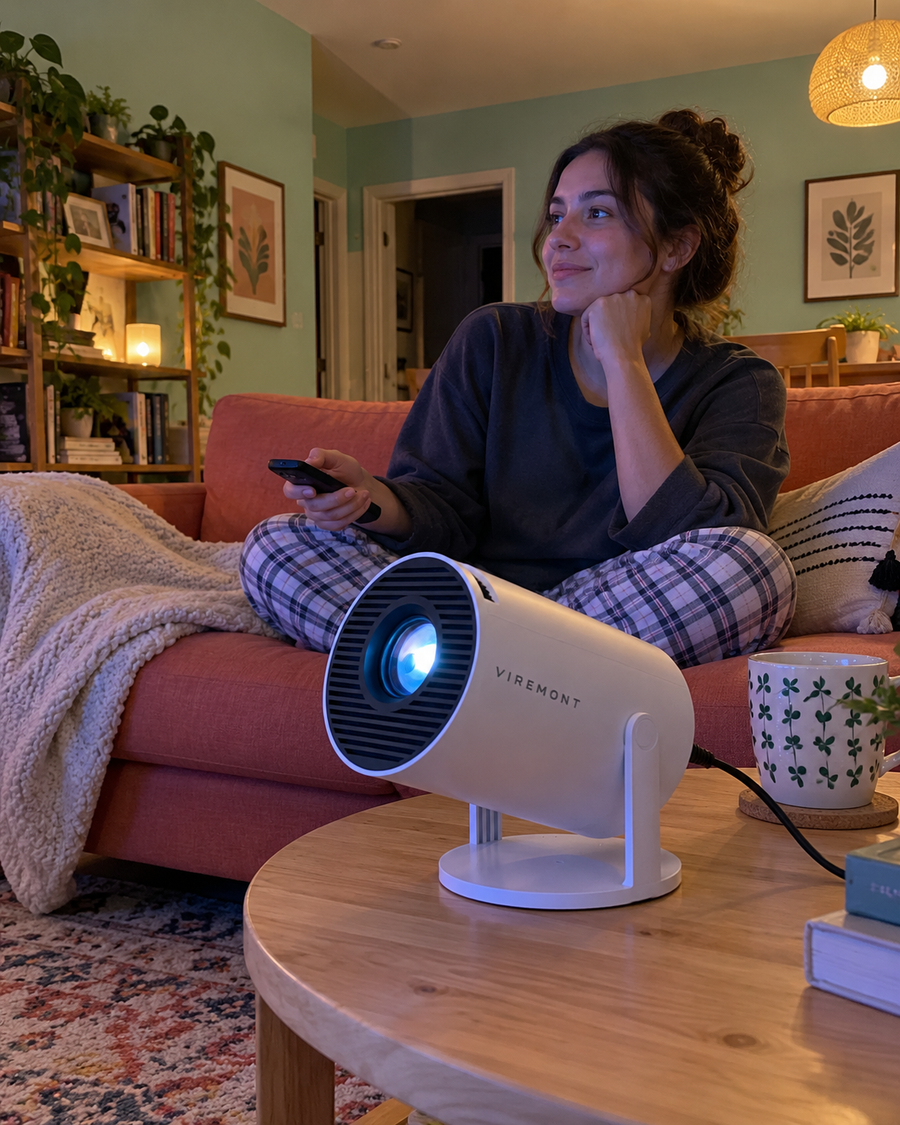 Illustrative Viremont setup: Woman watching movie with cylindrical projector on side table