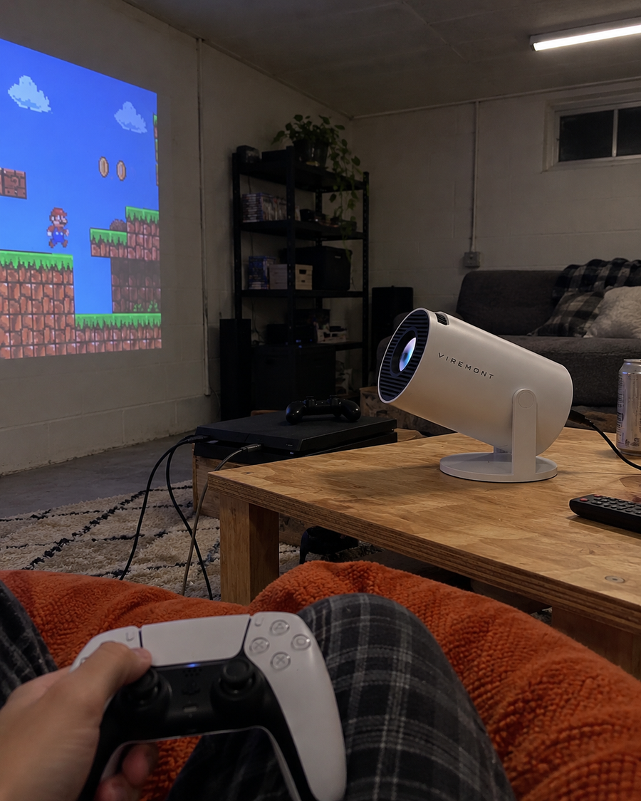 Illustrative Viremont setup: Retro gaming POV with cylindrical projector in basement