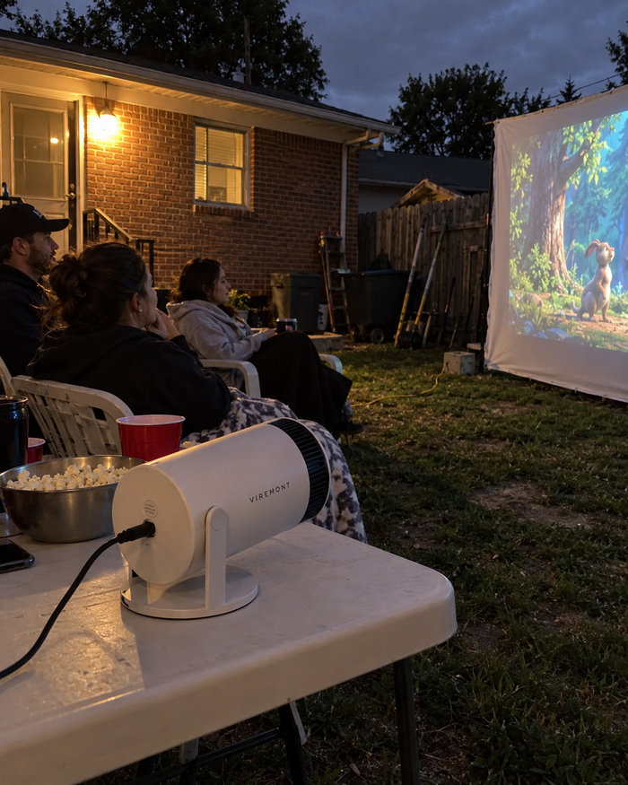 Illustrative Viremont setup: Cylindrical projector in use for backyard movie night