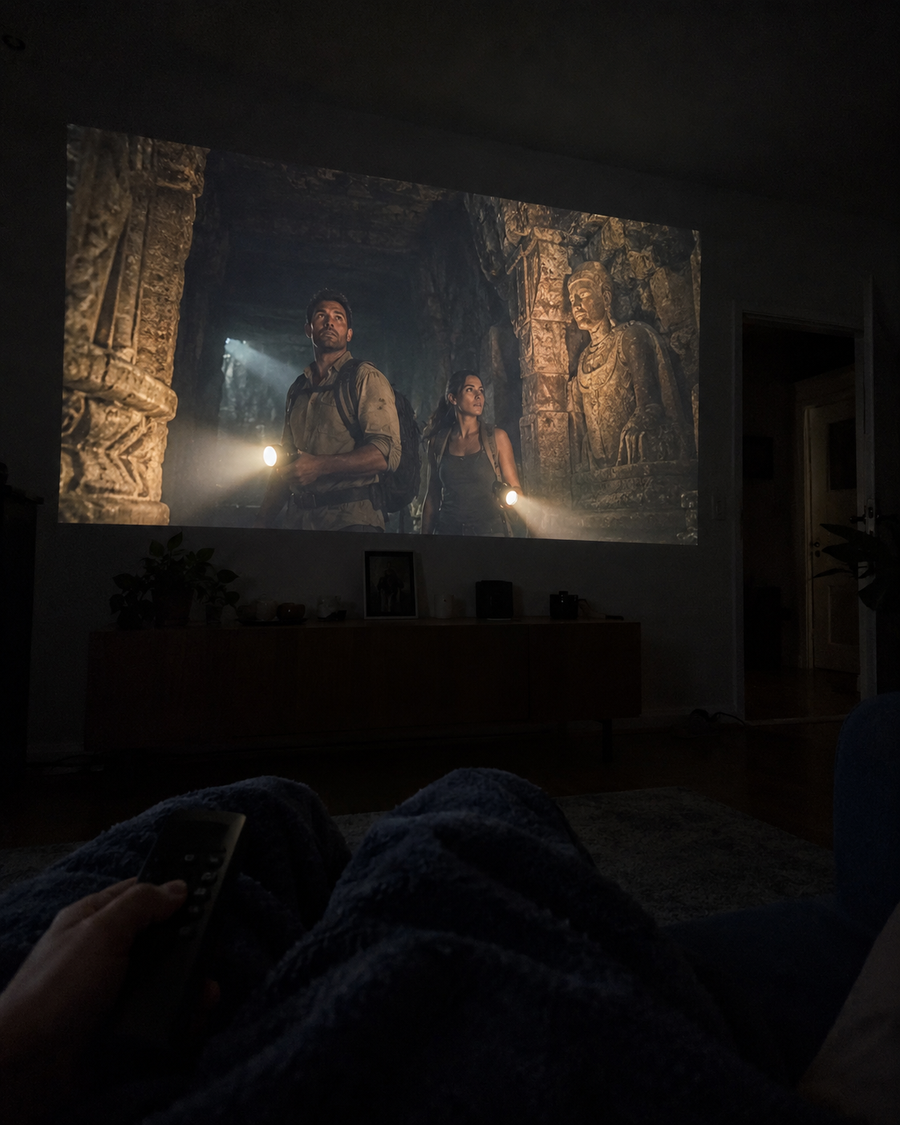Illustrative Viremont setup: Dark room adventure movie projection with remote POV