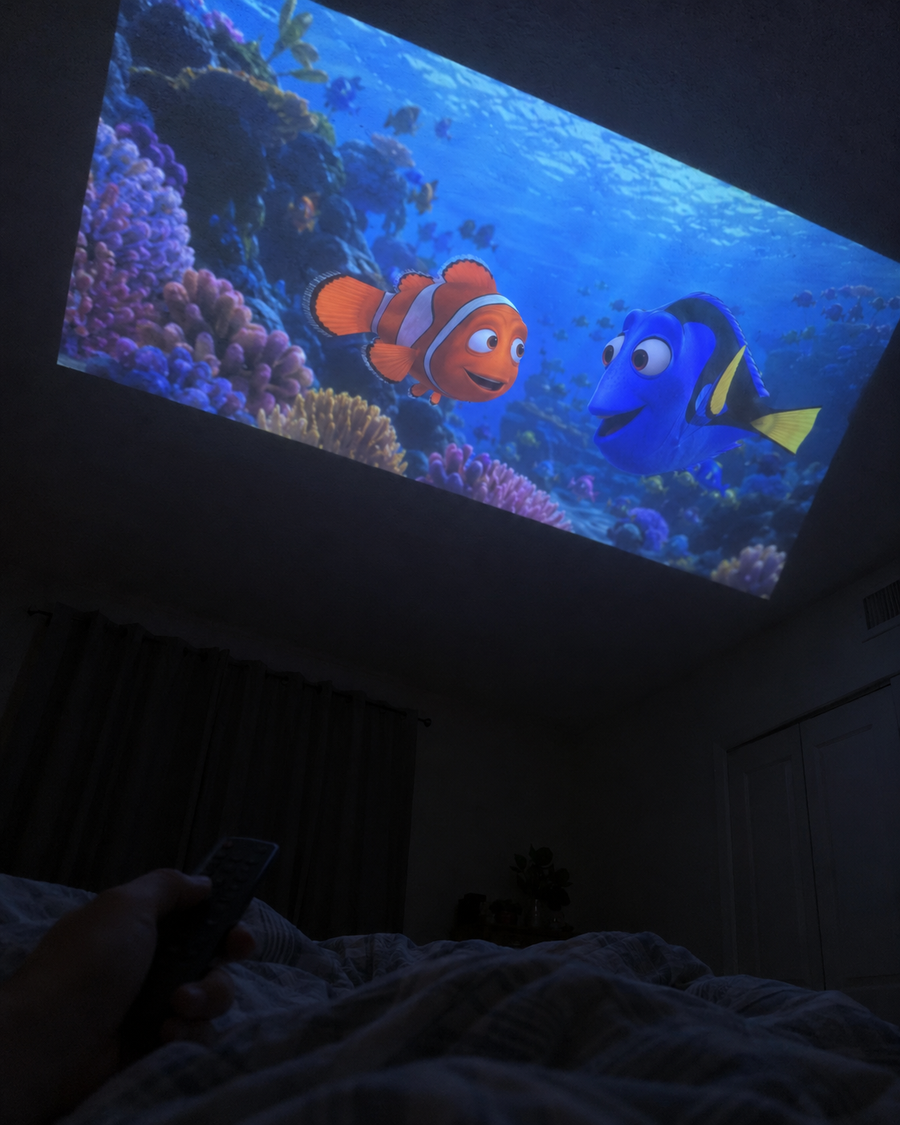 Illustrative Viremont setup: Animated ocean movie projected on bedroom ceiling