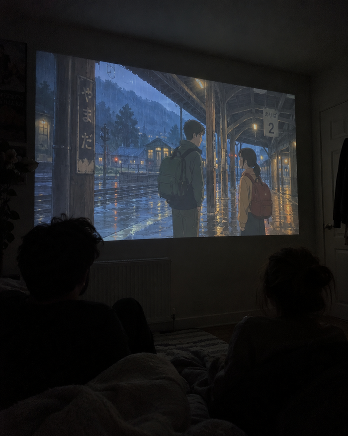 Illustrative Viremont setup: Anime movie projected in dark bedroom with seated silhouettes