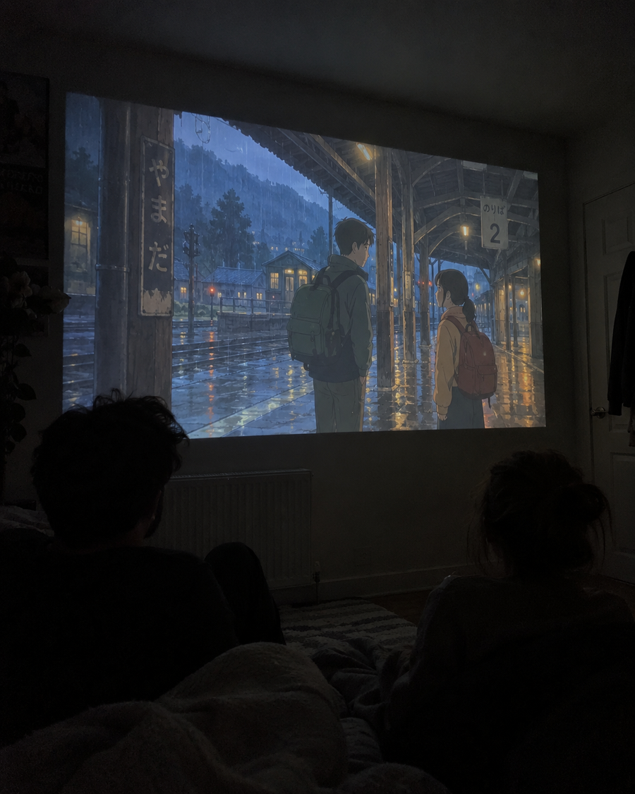 Illustrative Viremont setup: Anime movie projected in dark bedroom with seated silhouettes