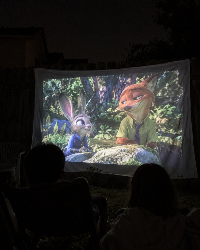 Illustrative Viremont setup: Animated family movie projected onto backyard sheet